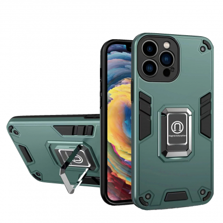 GSM - Husa Iron Warriors pentru iPhone 14 Pro Max, Flippy, Hybrid Ring Holder Kickstand, Verde inchis