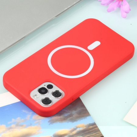 Husa MagSafe liquid large hole magnetic shell pentru Apple iPhone 11, Full Cover, Liquid Silicone, Magnetica, Incarcare Wireless, Flippy, Rosu [2]