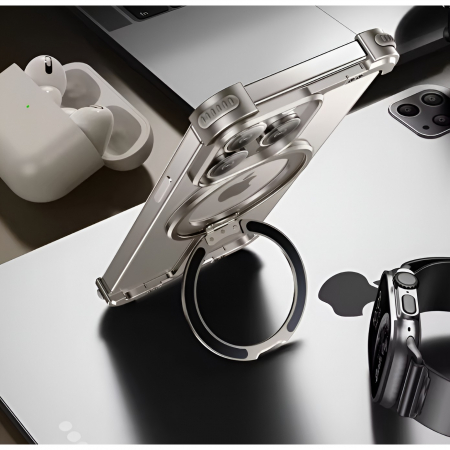 Husa MagSafe Metalica Compatibila cu iPhone 15 Pro, Flippy, Clear Case, Aliaj de Aluminiu, cu Magnet, fara Rama, Antisoc, Antizgariere, Incarcare Wireless, Gri Metalizat [8]