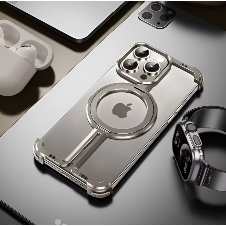 Husa MagSafe Metalica Compatibila cu iPhone 15 Pro, Flippy, Clear Case, Aliaj de Aluminiu, cu Magnet, fara Rama, Antisoc, Antizgariere, Incarcare Wireless, Gri Metalizat [7]