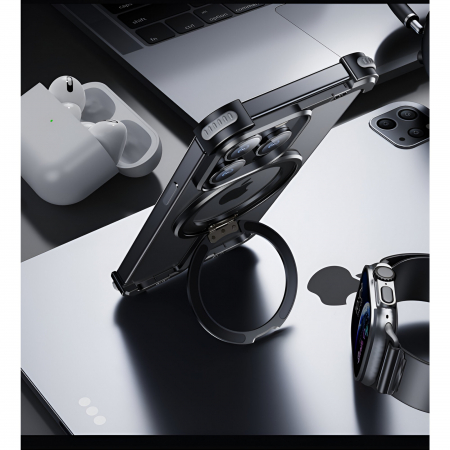 Husa MagSafe Metalica Compatibila cu iPhone 15 Pro, Flippy, Clear Case, Aliaj de Aluminiu, cu Magnet, fara Rama, Antisoc, Antizgariere, Incarcare Wireless, Negru Metalizat [14]