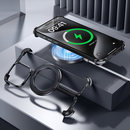 Husa MagSafe Metalica Compatibila cu iPhone 15 Pro, Flippy, Clear Case, Aliaj de Aluminiu, cu Magnet, fara Rama, Antisoc, Antizgariere, Incarcare Wireless, Negru Metalizat [13]