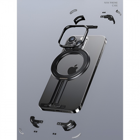 Husa MagSafe Metalica Compatibila cu iPhone 15 Pro, Flippy, Clear Case, Aliaj de Aluminiu, cu Magnet, fara Rama, Antisoc, Antizgariere, Incarcare Wireless, Negru Metalizat [4]