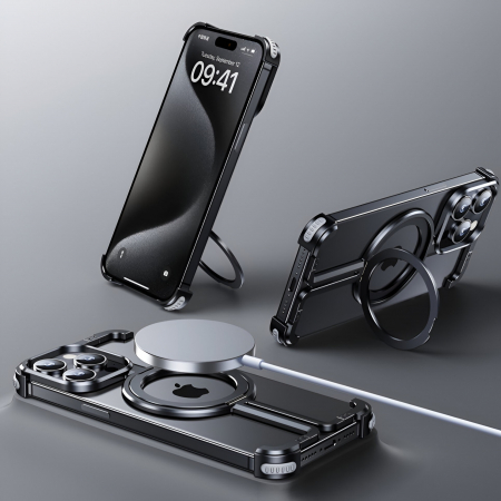 Husa MagSafe Metalica Compatibila cu iPhone 15 Pro, Flippy, Clear Case, Aliaj de Aluminiu, cu Magnet, fara Rama, Antisoc, Antizgariere, Incarcare Wireless, Negru Metalizat [9]