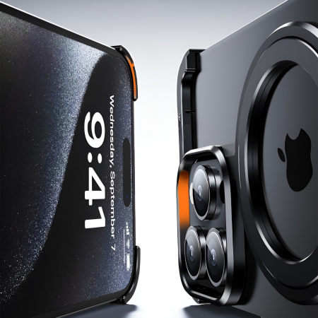 Husa MagSafe Metalica Compatibila cu iPhone 15 Pro, Flippy, Clear Case, Aliaj de Aluminiu, cu Magnet, fara Rama, Antisoc, Antizgariere, Incarcare Wireless, Negru Metalizat [3]