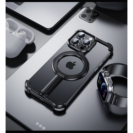 Husa MagSafe Metalica Compatibila cu iPhone 15 Pro, Flippy, Clear Case, Aliaj de Aluminiu, cu Magnet, fara Rama, Antisoc, Antizgariere, Incarcare Wireless, Negru Metalizat [15]