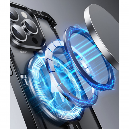 Husa MagSafe Metalica Compatibila cu iPhone 15 Pro, Flippy, Clear Case, Aliaj de Aluminiu, cu Magnet, fara Rama, Antisoc, Antizgariere, Incarcare Wireless, Negru Metalizat [10]