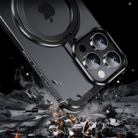 Husa MagSafe Metalica Compatibila cu iPhone 15 Pro, Flippy, Clear Case, Aliaj de Aluminiu, cu Magnet, fara Rama, Antisoc, Antizgariere, Incarcare Wireless, Negru Metalizat [6]