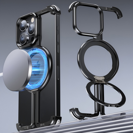 Husa MagSafe Metalica Compatibila cu iPhone 15 Pro, Flippy, Clear Case, Aliaj de Aluminiu, cu Magnet, fara Rama, Antisoc, Antizgariere, Incarcare Wireless, Negru Metalizat [12]