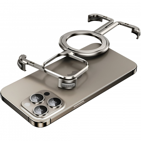 GSM - Husa MagSafe Metalica Compatibila cu iPhone 15 Pro Max, Flippy, Clear Case, Aliaj de Aluminiu, cu Magnet, fara Rama, Antisoc, Antizgariere, Incarcare Wireless, Gri Metalizat