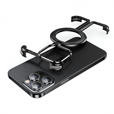 GSM - Husa MagSafe Metalica Compatibila cu iPhone 15 Pro Max, Flippy, Clear Case, Aliaj de Aluminiu, cu Magnet, fara Rama, Antisoc, Antizgariere, Incarcare Wireless, Negru Metalizat