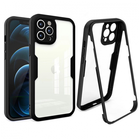Husa Max Defence pentru iPhone 13, Bumper Negru, Fata Dubla Transparenta, Protectie Antisoc Full 360 ( fata, spate, margini ), Flippy [3]