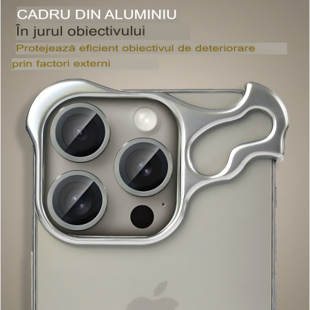 Husa Metalica Compatibila cu iPhone 15 Pro Max, Protectie pentru Colturile Telefonului si Camera, Lentile pentru Obiective, Aliaj, Antisoc, Antizgariere, Argintiu [5]