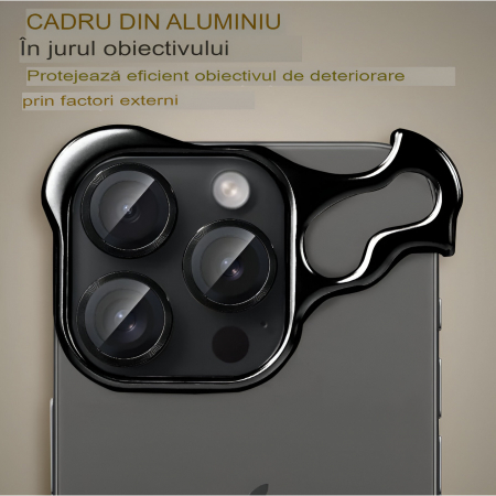 Husa Metalica Compatibila cu iPhone 15 Pro, Protectie pentru Colturile Telefonului si Camera, Lentile pentru Obiective, Aliaj, Antisoc, Antizgariere, Negru [2]