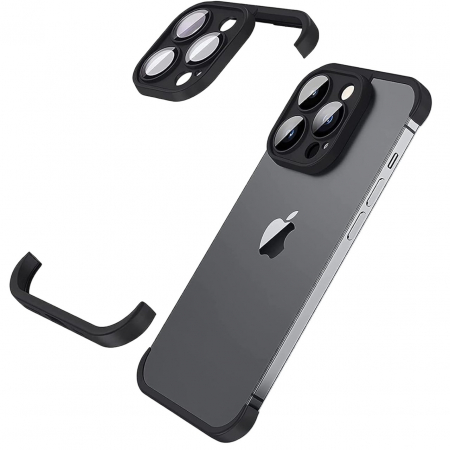 GSM - Husa Metalica Edgeless Compatibila cu iPhone 15 Pro Max, Flippy, Protectie pentru Colturi si Camera, Aliaj, Antisoc, Antizgariere, Negru Metalizat