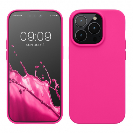 GSM - Husa pentru Apple iPhone 14 Pro Flippy, Liquid Silicone, cu Microfibra pe interior, Protectie Antisoc, Roz-Fuchsia