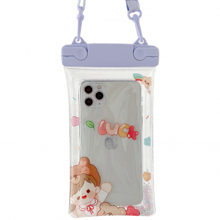 GSM - Husa subacvatica Fruity Waterproof Flippy, Snowproof, Universala, Impermeabila, cu Snur, pentru telefon sau documente, Lucky Girl, Mov
