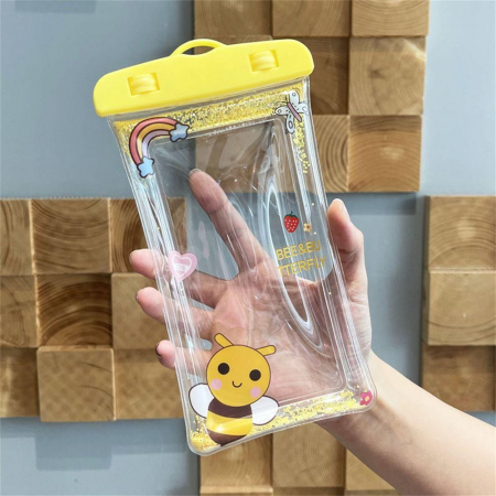 Husa subacvatica Glitter Kids Waterproof Flippy, Snowproof, Universala, cu Snur, pentru telefon sau documente, Bee, Galben [1]