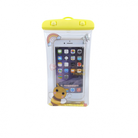 Huse de telefoane - Husa subacvatica Glitter Kids Waterproof Flippy, Snowproof, Universala, cu Snur, pentru telefon sau documente, Bee, Galben