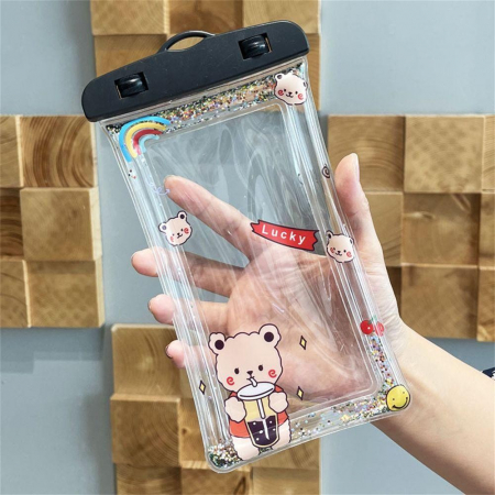 Husa subacvatica Glitter Kids Waterproof Flippy, Snowproof, Universala, cu Snur, pentru telefon sau documente, Lucky Bear, Negru [2]