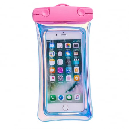 GSM - Husa subacvatica Holografica Waterproof Flippy, Snowproof, Universala, Impermeabila, cu Snur, pentru telefon sau documente, Roz