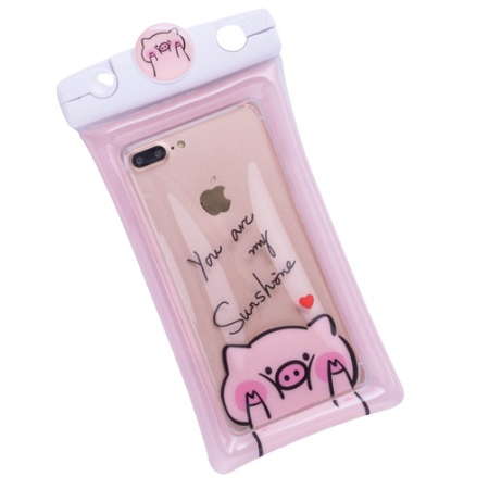 Sub 99 Lei - Husa subacvatica Mascot Waterproof Flippy, Snowproof, Universala, cu Snur, pentru telefon sau documente, Piggy, Roz