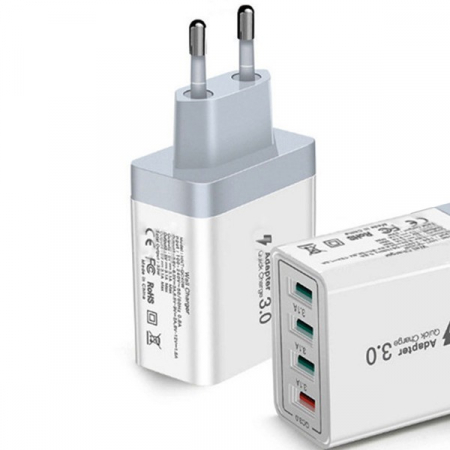 GSM - Incarcator Fast Charge pentru Telefon 33W, Flippy, Incarcator Quick Charge cu 4 Porturi USB-A, Power Delivery 33W, Cap Standard European, Alb