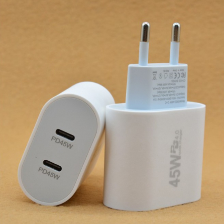 Incarcator Fast Charge pentru Telefon, Flippy, Power Delivery 45W, Dual Port Type-C PD45W, Compatibil cu orice Telefon, Alb [1]