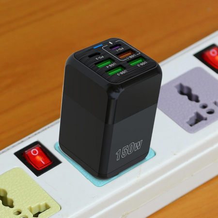 Incarcator Multifunctional, Flippy®, 6 Porturi (2 x PD Type C + 4 USB), 150 W, 5V, 2.4A, Incarcare Rapida, 4.4 x 4.4 x 11 cm, Negru [2]