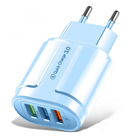 GSM - Incarcator Rapid QC3.0, Flippy, 3 Porturi USB, 2.1A, 18W, din ABS, Protectie Supraincalzire, Gama Macarons, Albastru