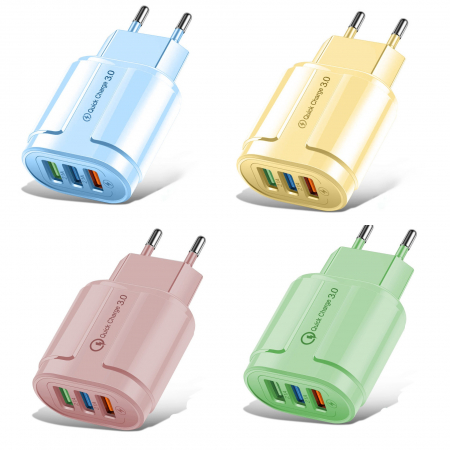 Incarcator Rapid QC3.0, Flippy, 3 Porturi USB, 2.1A, 18W, din ABS, Protectie Supraincalzire, Gama Macarons, Galben [2]