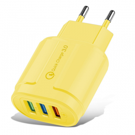 GSM - Incarcator Rapid QC3.0, Flippy, 3 Porturi USB, 2.1A, 18W, din ABS, Protectie Supraincalzire, Gama Macarons, Galben