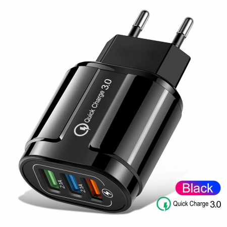 Incarcator Rapid QC3.0, Flippy, 3 Porturi USB, 2.1A, 18W, din ABS, Protectie Supraincalzire, Gama Macarons, Negru [1]