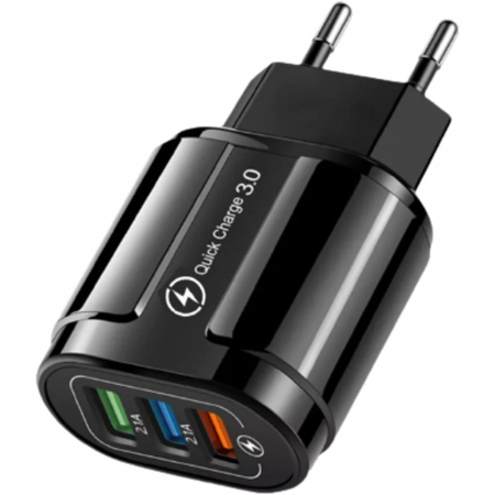GSM - Incarcator Rapid QC3.0, Flippy, 3 Porturi USB, 2.1A, 18W, din ABS, Protectie Supraincalzire, Gama Macarons, Negru