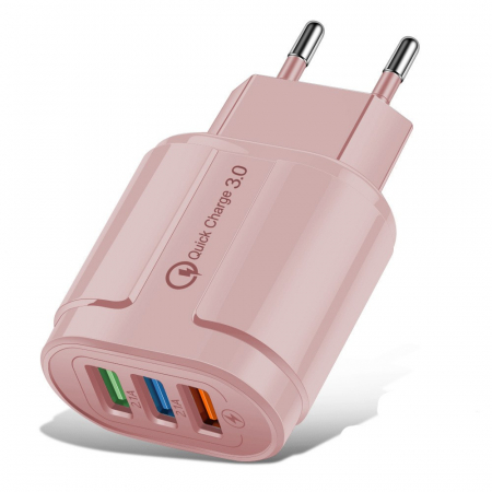 GSM - Incarcator Rapid QC3.0, Flippy, 3 Porturi USB, 2.1A, 18W, din ABS, Protectie Supraincalzire, Gama Macarons, Roz