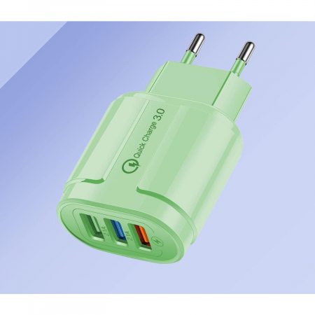 Incarcator Rapid QC3.0, Flippy, 3 Porturi USB, 2.1A, 18W, din ABS, Protectie Supraincalzire, Gama Macarons, Verde [1]