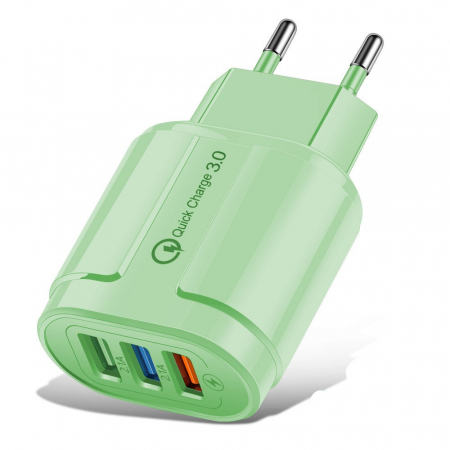 GSM - Incarcator Rapid QC3.0, Flippy, 3 Porturi USB, 2.1A, 18W, din ABS, Protectie Supraincalzire, Gama Macarons, Verde