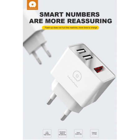 GSM - Incarcator Retea Flippy, 2.4A, 2 porturi USB, cu afisaj led WUW-C82, Alb