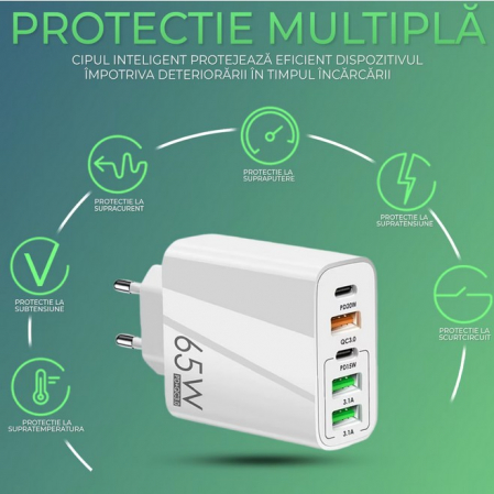 *LICHIDARE STOC* Incarcator Retea, Flippy, 5 Porturi, 65W Fast Charge, 3 x USB, 2 x Type-C, Universal Compatibil iPhone, Huawei, Samsung, Xiaomi, Alb [5]