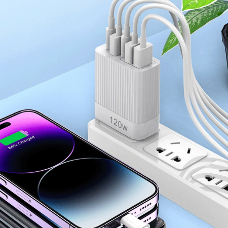 Incarcator Retea pentru Telefon, Flippy, Super Fast Charger Multi-Port, Power Delivery 120W, 3 USB-A, 2 TYPE-C, Compatibil Telefon si Tableta, Alb [2]