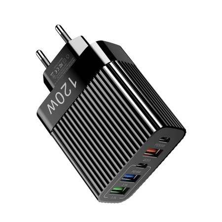 GSM - Incarcator Retea pentru Telefon, Flippy, Super Fast Charger Multi-Port, Power Delivery 120W, 3 USB-A, 2 TYPE-C, Compatibil Telefon si Tableta, Negru