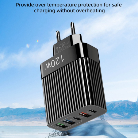 Incarcator Retea pentru Telefon, Flippy, Super Fast Charger Multi-Port, Power Delivery 120W, 3 USB-A, 2 TYPE-C, Compatibil Telefon si Tableta, Negru [1]