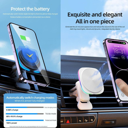 Incarcator Wireless Auto pentru Telefon, Flippy, Statie de Incarcare Magnetica Auto pentru Masina, 15W, 7 x 7 x 6.3 cm, Compatibil cu iOS/Android, Alb [1]