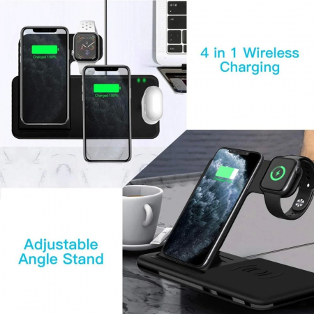 Incarcator Wireless FastCharge Flippy 4 In 1, design pliabil, 15W, Compatibil Apple Watch, Airpods, iPhone, Android, Samsung, Huawei, Xiaomi, Oppo, Negru [1]