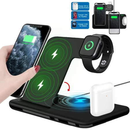 Incarcator Wireless FastCharge Flippy 4 In 1, design pliabil, 15W, Compatibil Apple Watch, Airpods, iPhone, Android, Samsung, Huawei, Xiaomi, Oppo, Negru [4]