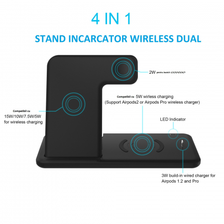 Incarcator Wireless FastCharge Flippy 4 In 1, design pliabil, 15W, Compatibil Apple Watch, Airpods, iPhone, Android, Samsung, Huawei, Xiaomi, Oppo, Negru [9]