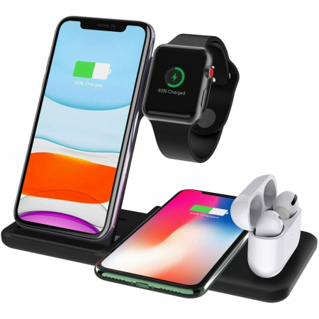 GSM - Incarcator Wireless FastCharge Flippy 4 In 1, design pliabil, 15W, Compatibil Apple Watch, Airpods, iPhone, Android, Samsung, Huawei, Xiaomi, Oppo, Negru