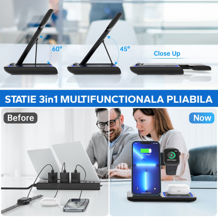 Incarcator Wireless Flippy, Statie Incarcare 3 In 1 Qi Fast Charger 15W, Incarcare Rapida, Compatibil Cu Apple Watch Toate Seriile Airpods Toate Modele si Iphone Android Samsung Huawei Xiaomi, Quick C [2]