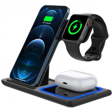 GSM - Incarcator Wireless Flippy, Statie Incarcare 3 In 1 Qi Fast Charger 15W, Incarcare Rapida, Compatibil Cu Apple Watch Toate Seriile Airpods Toate Modele si Iphone Android Samsung Huawei Xiaomi, Quick C