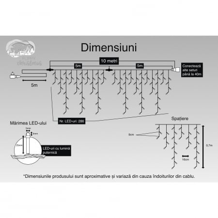 Instalatie Craciun, 10 m, 286 Led-uri ,Franjuri, Albastru, Flash, Transformator, Interconectabila, Prelungitor 5 m inclus, Fir Negru, Flippy [2]